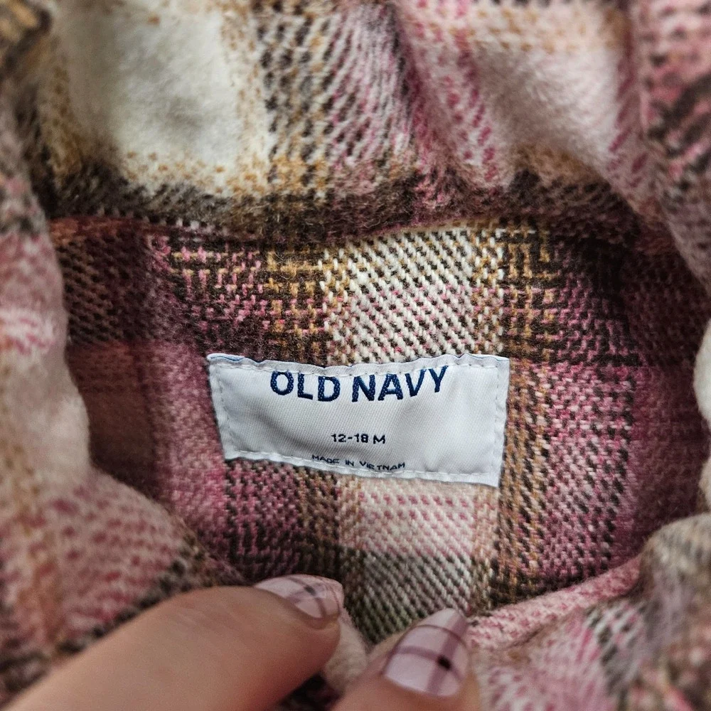 Old Navy Girl's Sz 12-18 Mo Pink & Brown Plaid Button Up Wool‎ Blend Jacket